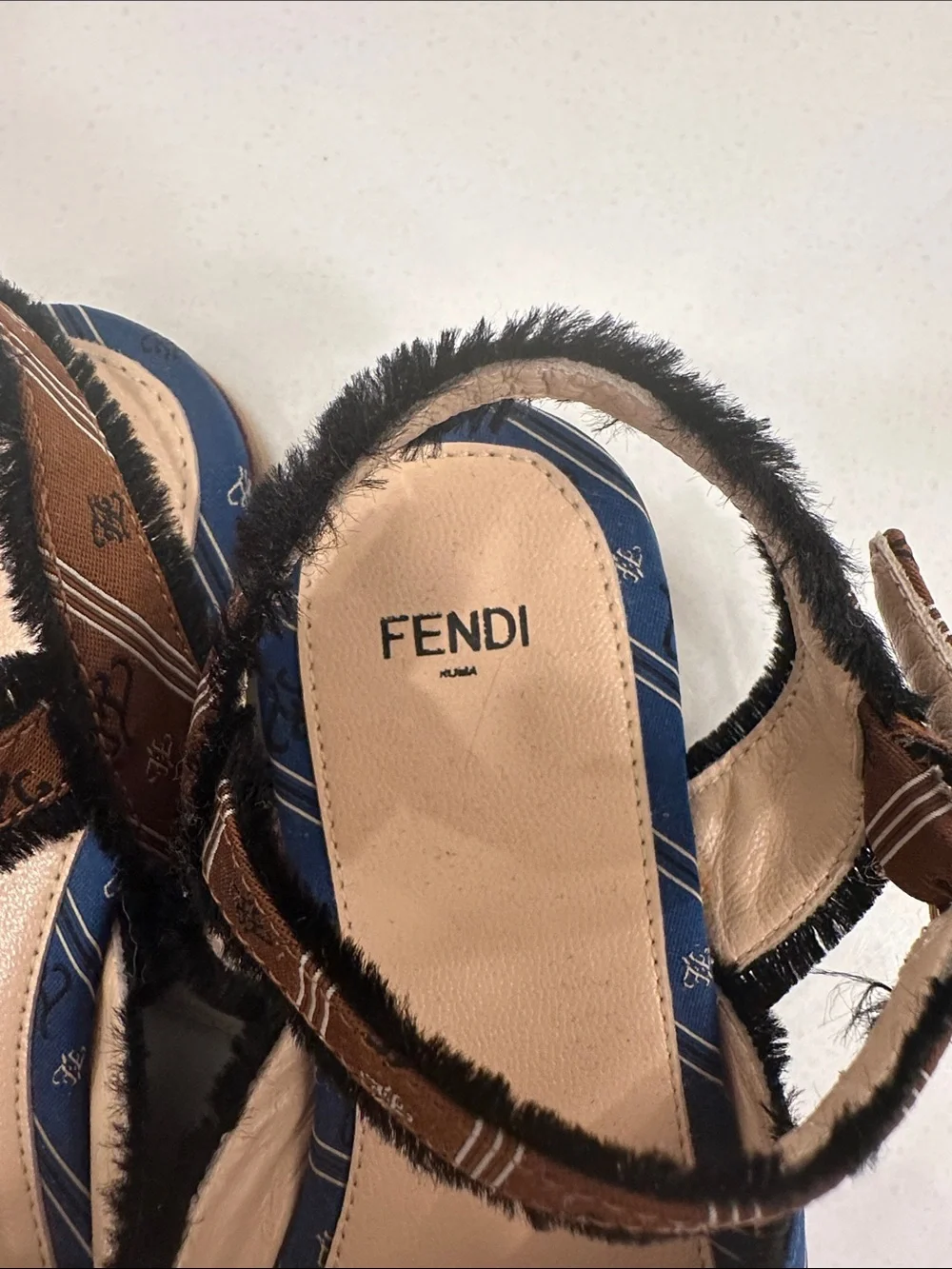 Fendi Blue and Brown Bow Strap Sandals for kids